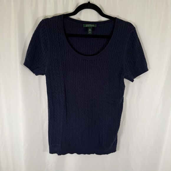 Lauren Ralph Lauren Blouse Women's Large Blue Cable Knit Short Sleeve Light - Picture 1 of 10